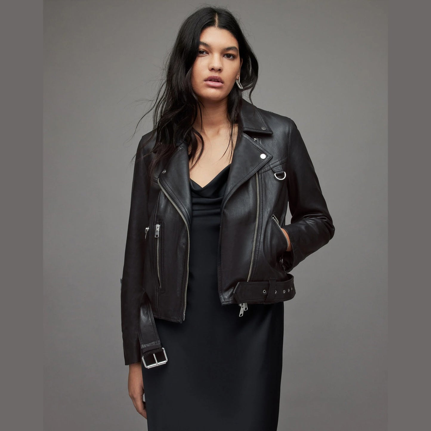 Black Biker Jacket with Belted Hem