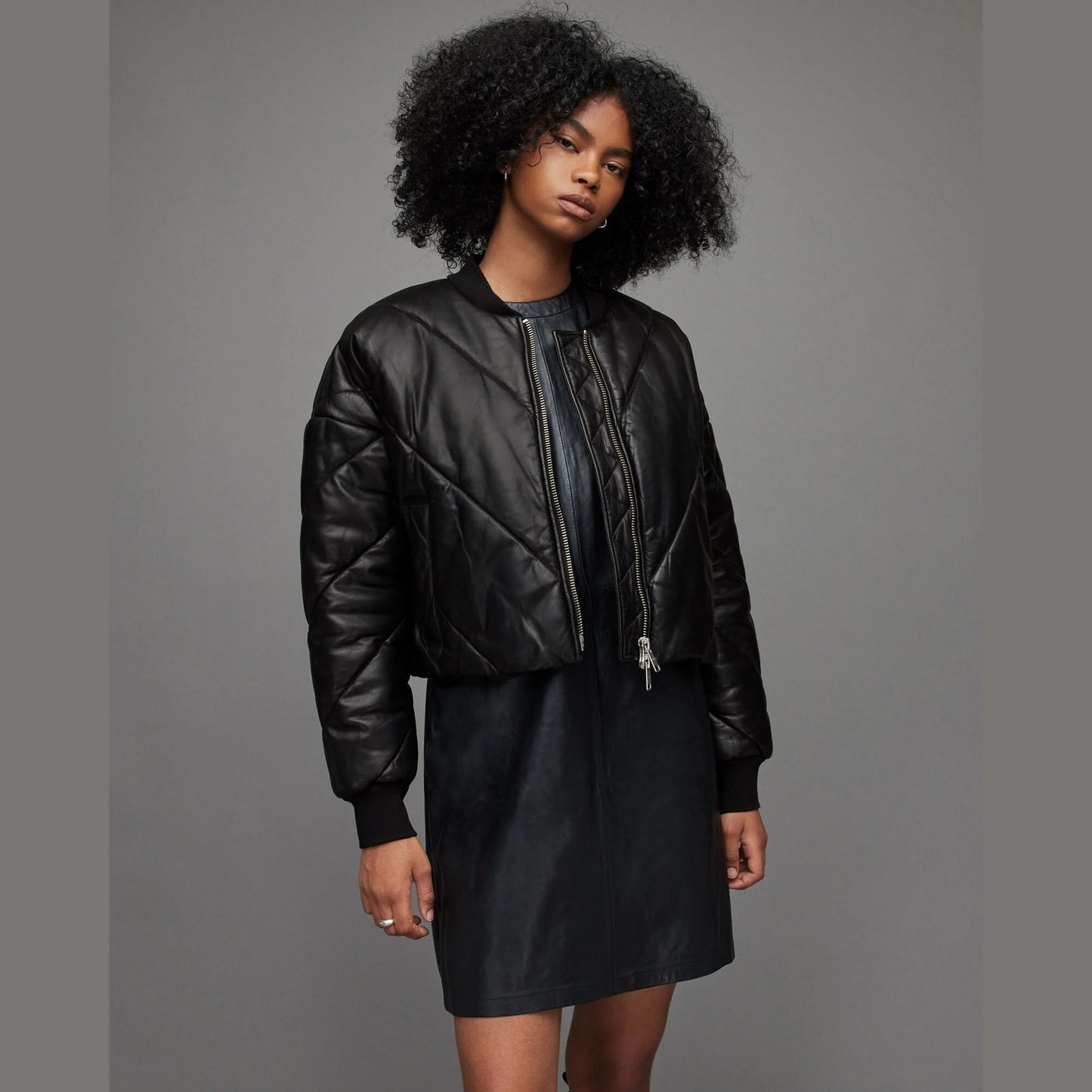 Black Quilted Cropped Bomber Jacket