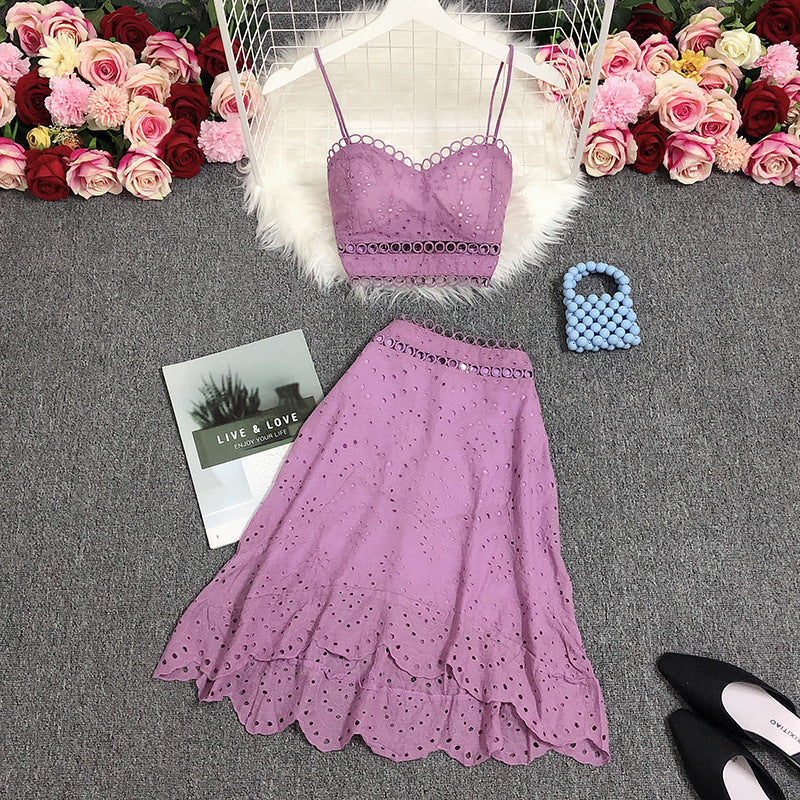 Lavender lace cropped top and midi skirt set with scalloped edges