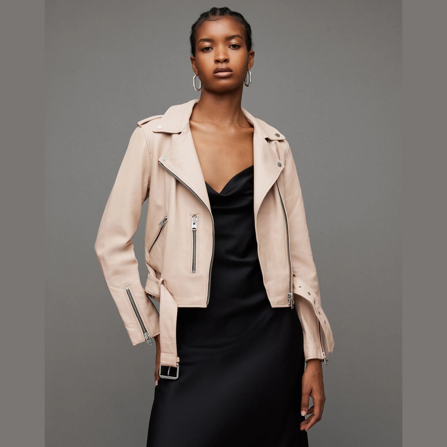 Light Beige Biker Jacket with Belted Hem