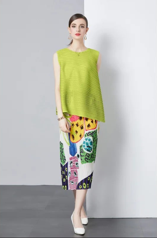 Green sleeveless textured top and printed midi skirt set