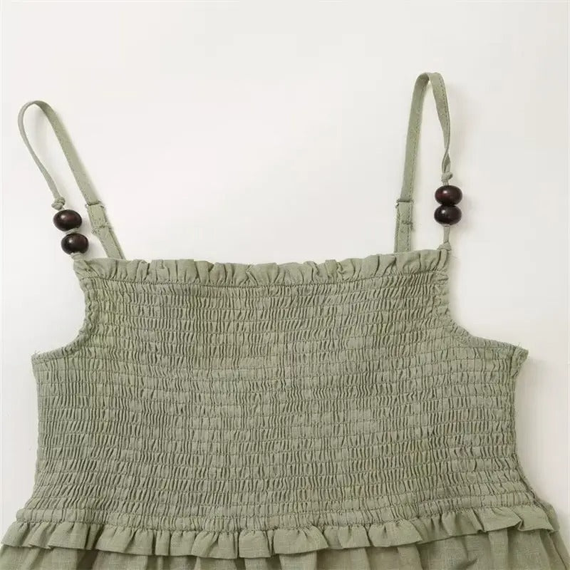 Light green smocked maxi dress with thin straps