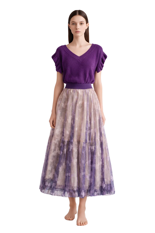 Purple V-neck top with ruffle sleeves and printed midi skirt