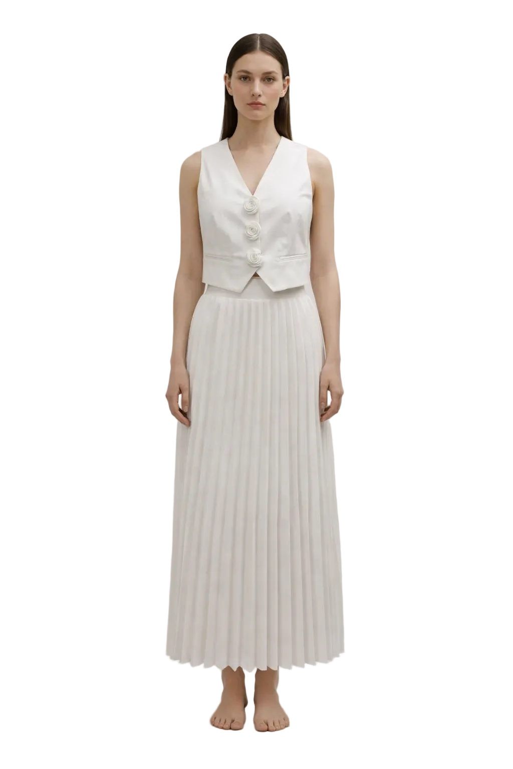 Off-white two-piece set with pleated skirt and sleeveless buttoned top