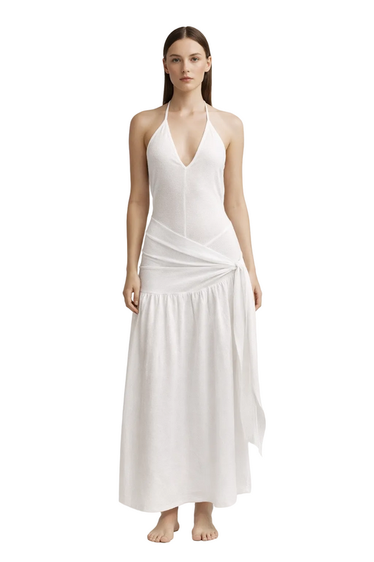 White halter maxi dress with wrap detail