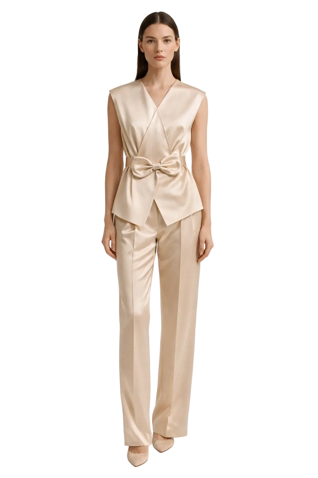 Champagne satin two-piece set with wrap top