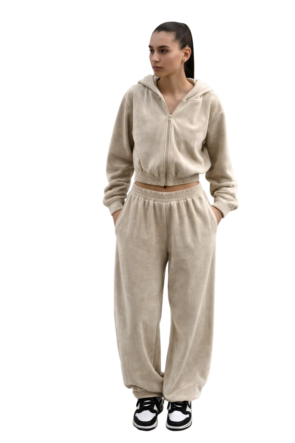 Beige velour tracksuit set with cropped hoodie