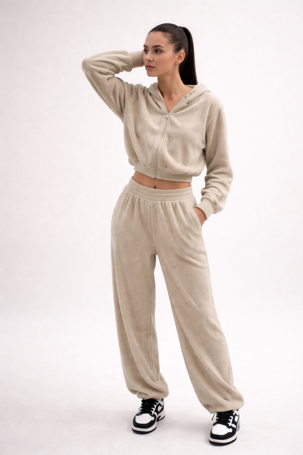 Beige velour tracksuit set with cropped hoodie