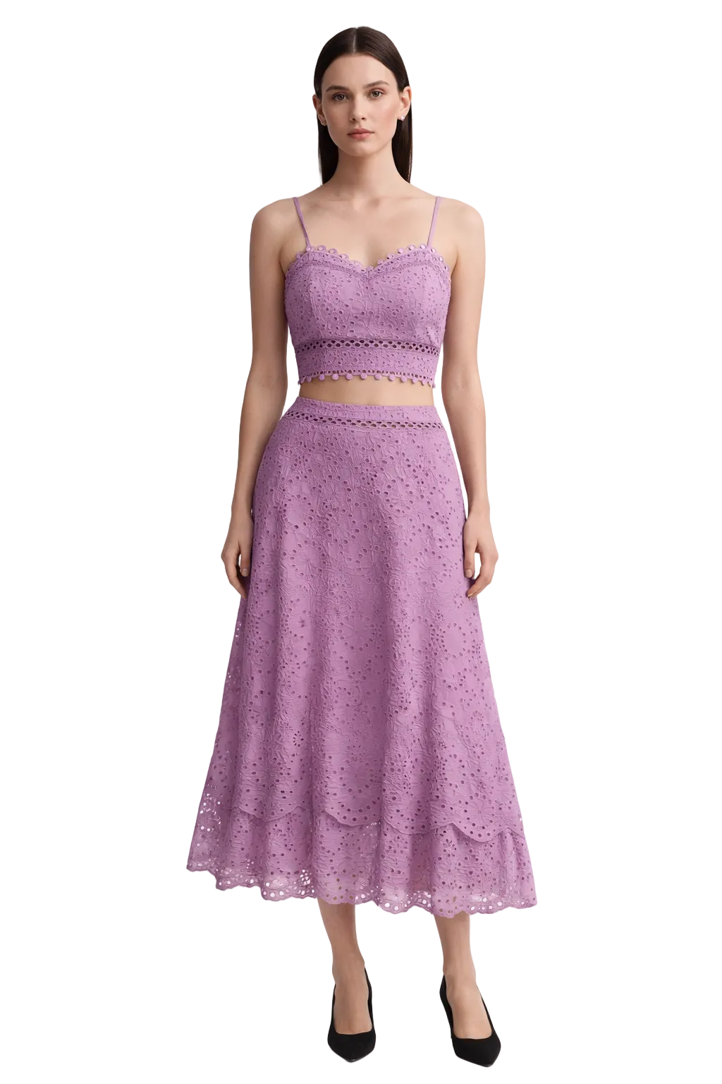 Lavender lace cropped top and midi skirt set with scalloped edges