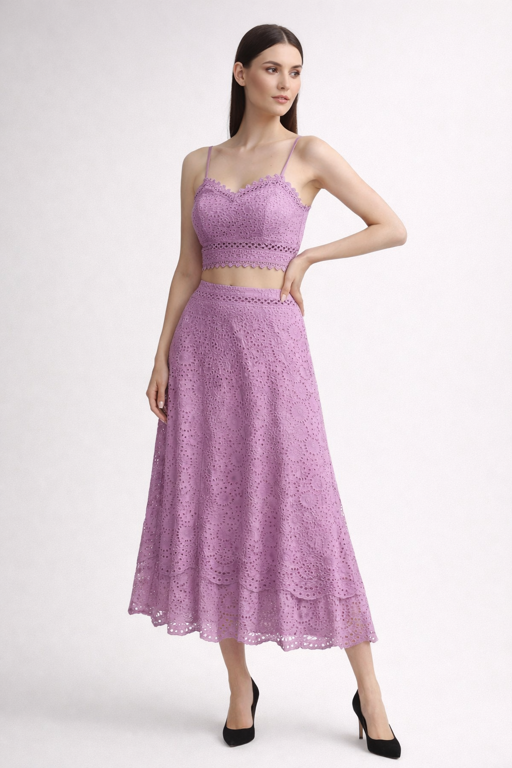 Lavender lace cropped top and midi skirt set with scalloped edges