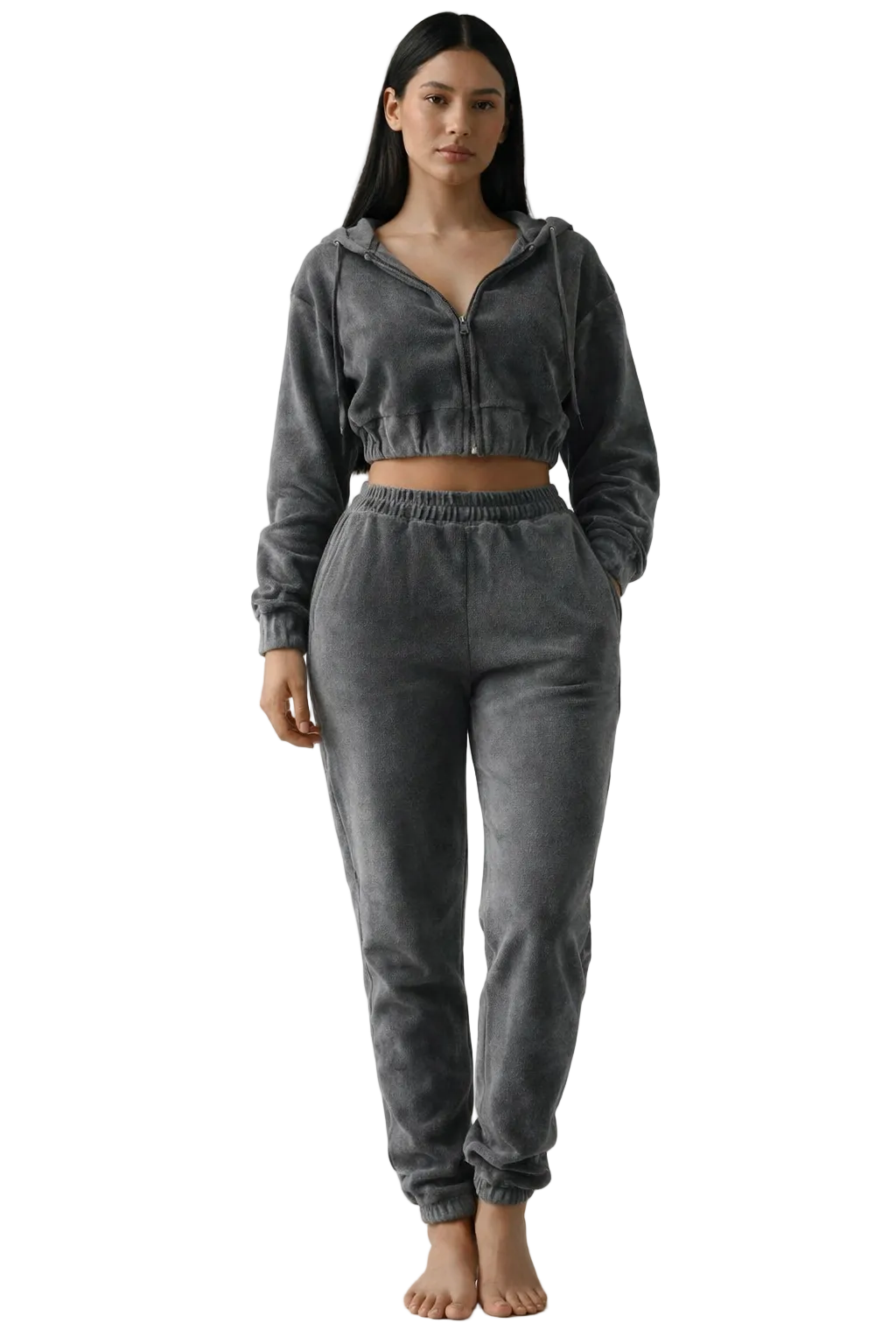 Grey cropped hoodie and jogger set with zip front