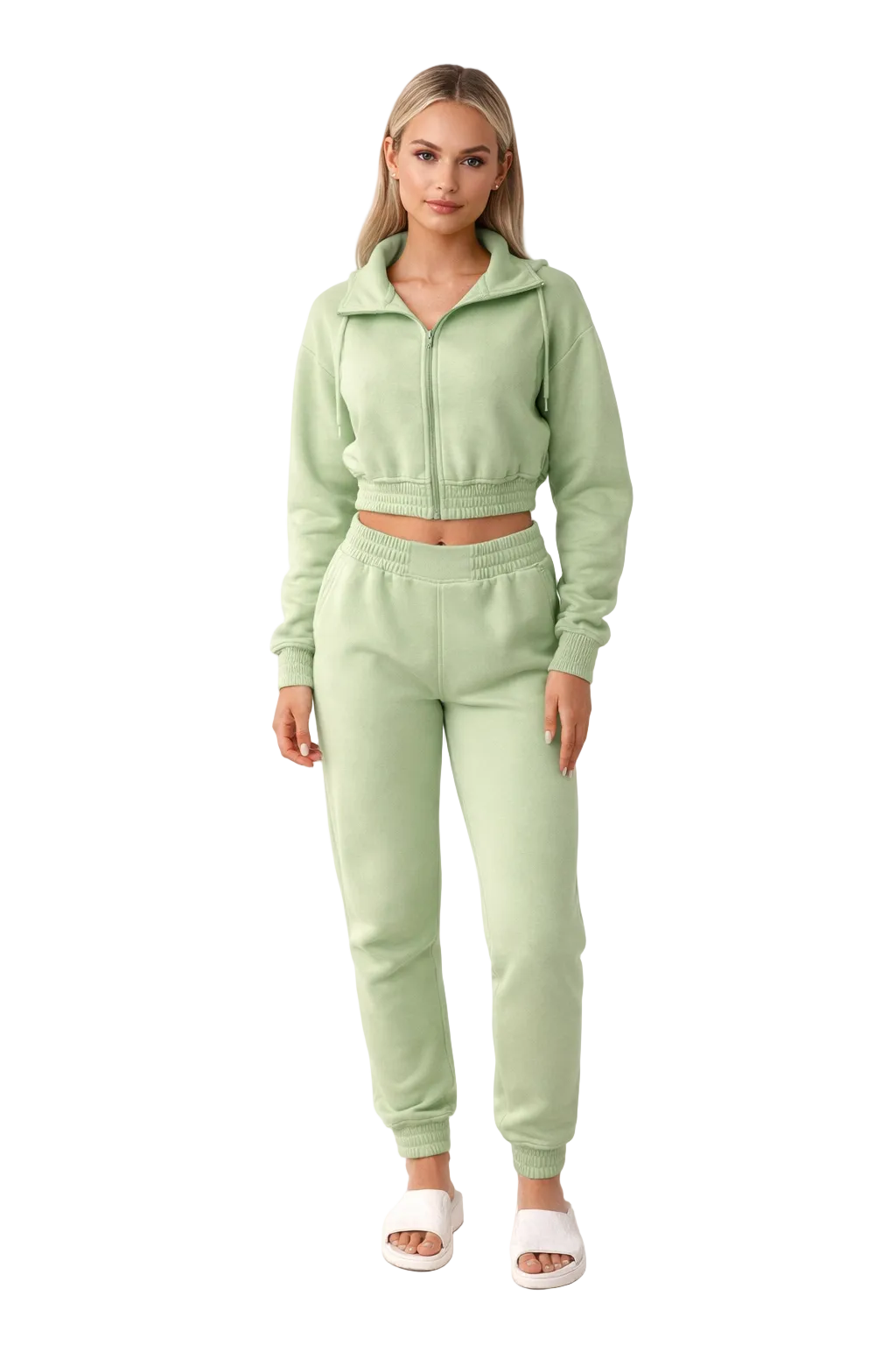 Light green cropped hoodie and jogger set with zip front