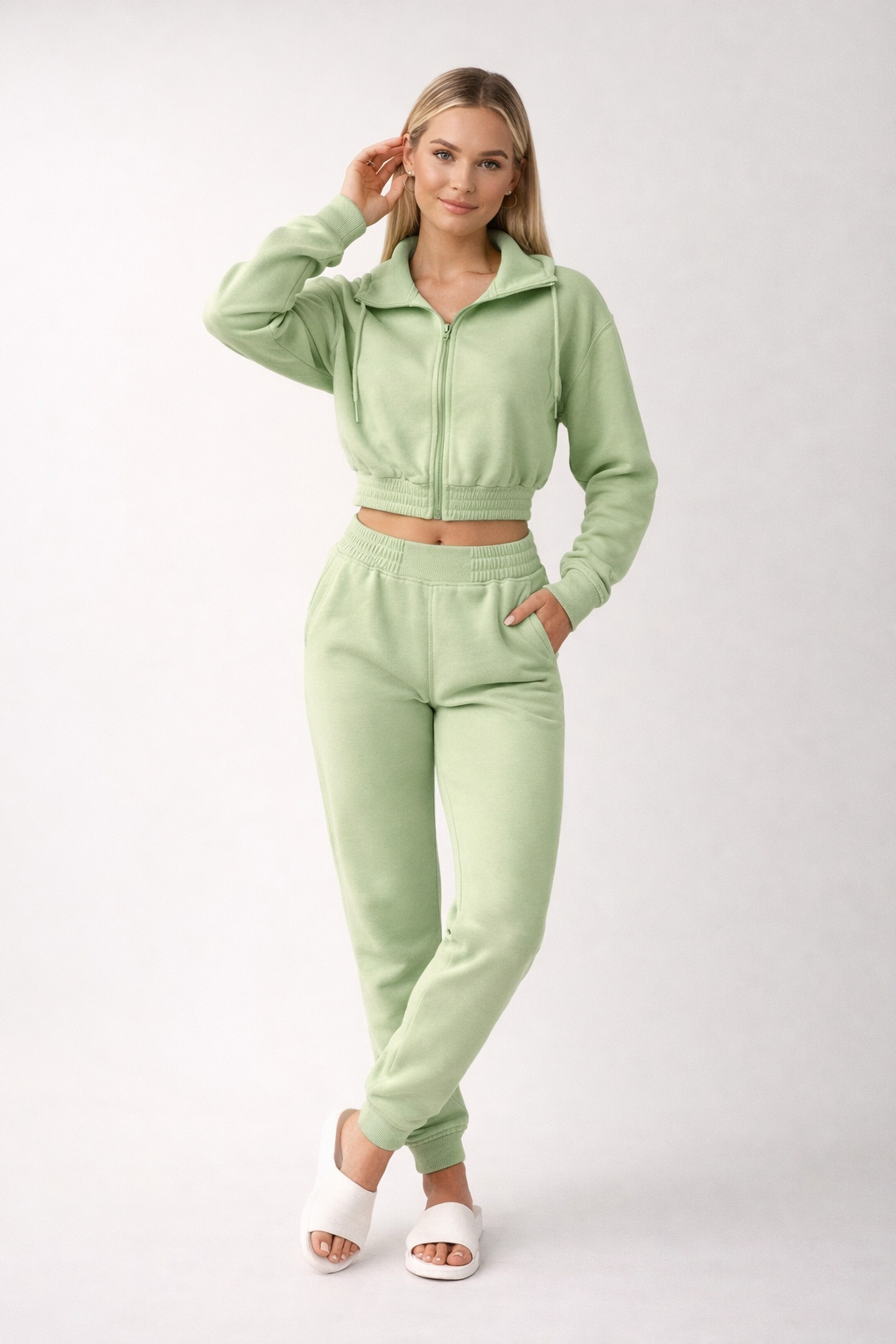 Light green cropped hoodie and jogger set with zip front