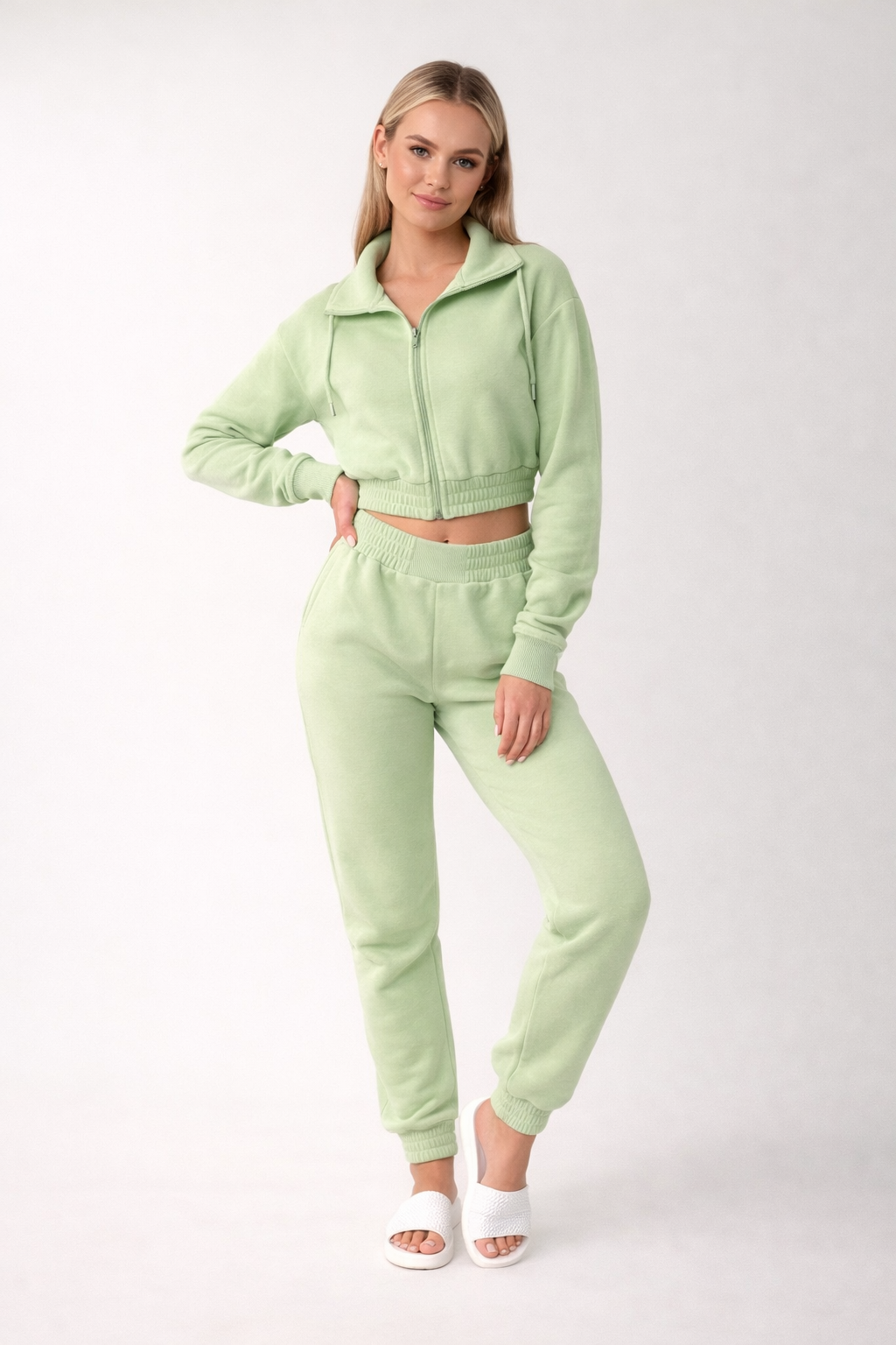 Light green cropped hoodie and jogger set with zip front