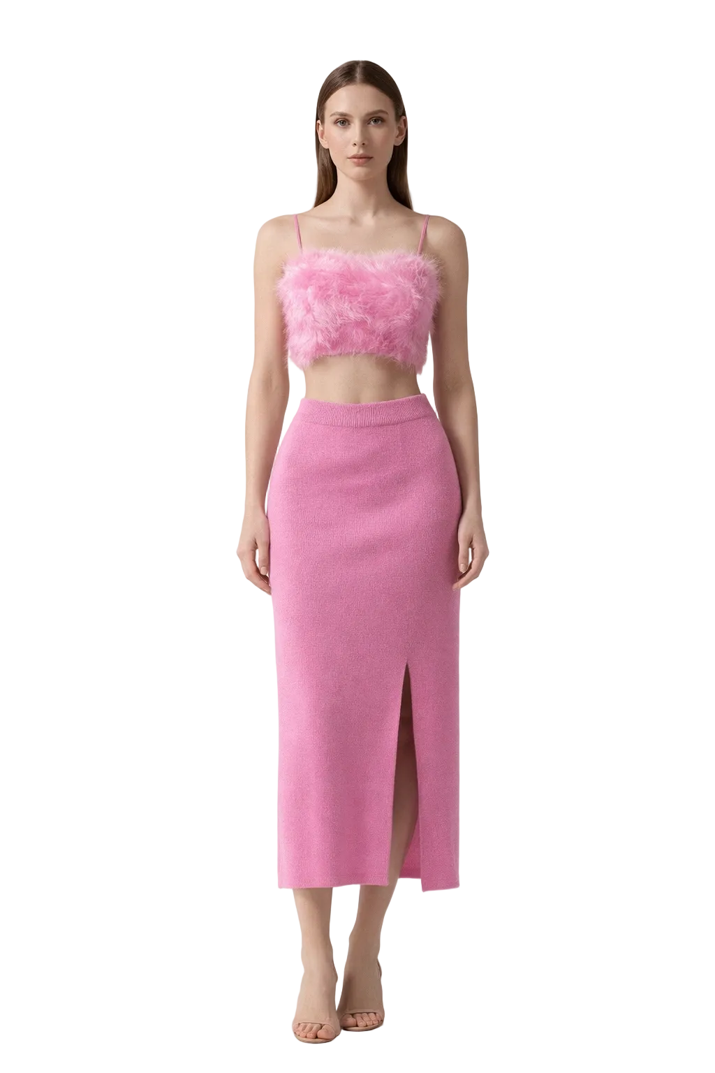 Pink cropped feather-texture top and midi skirt set