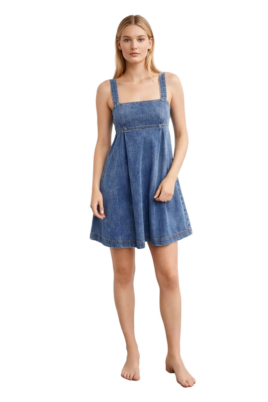 Blue denim mini dress with square neckline and wide straps