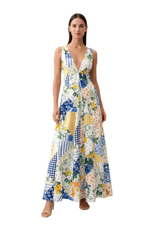White patchwork print maxi dress with deep V-neck