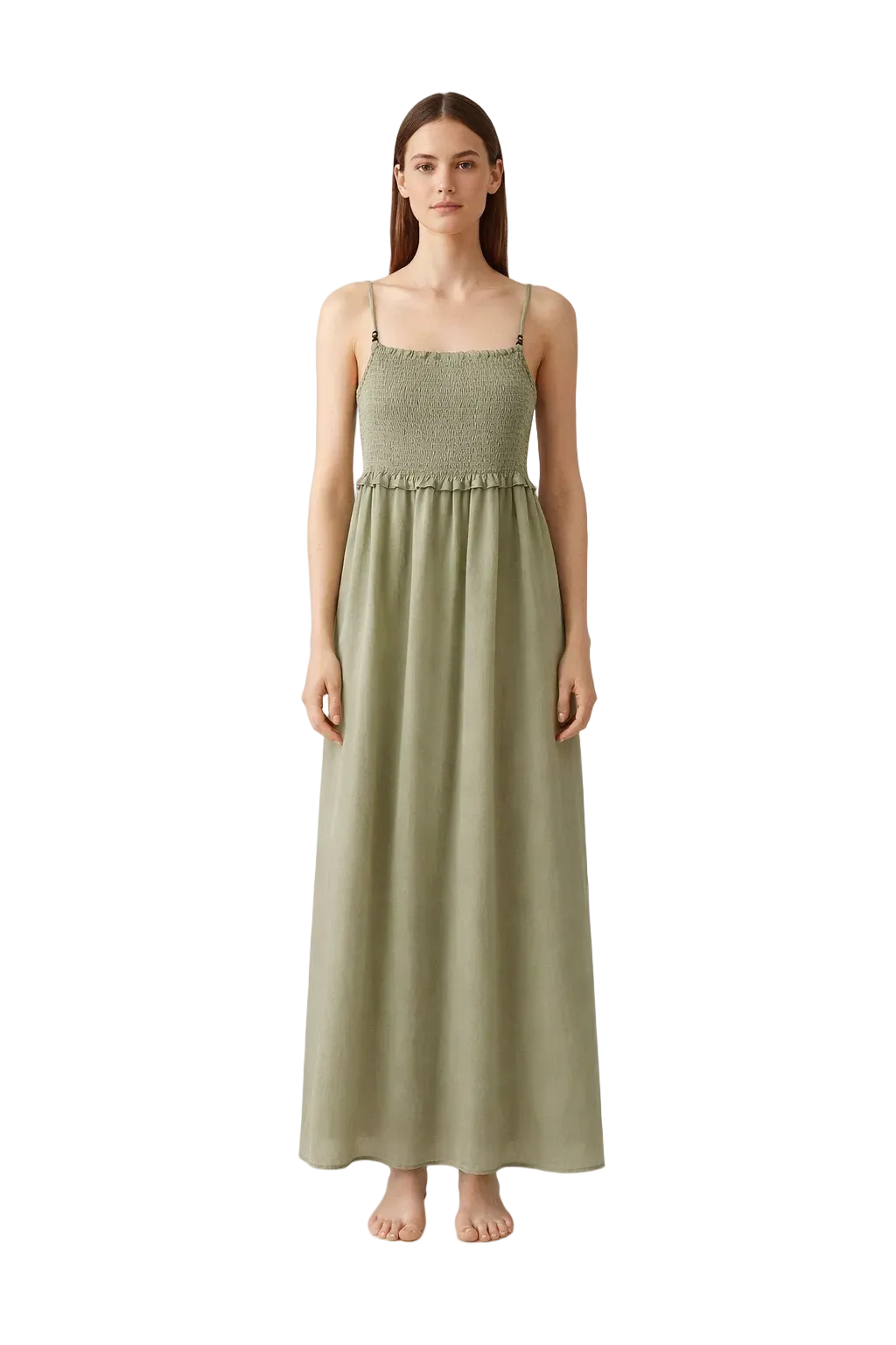 Light green smocked maxi dress with thin straps