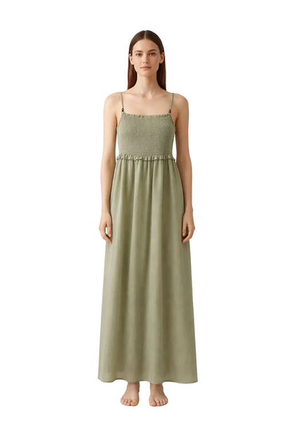 Light green smocked maxi dress with thin straps