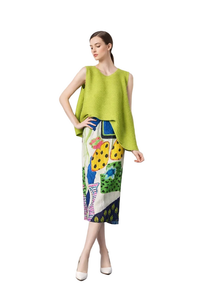Green sleeveless textured top and printed midi skirt set