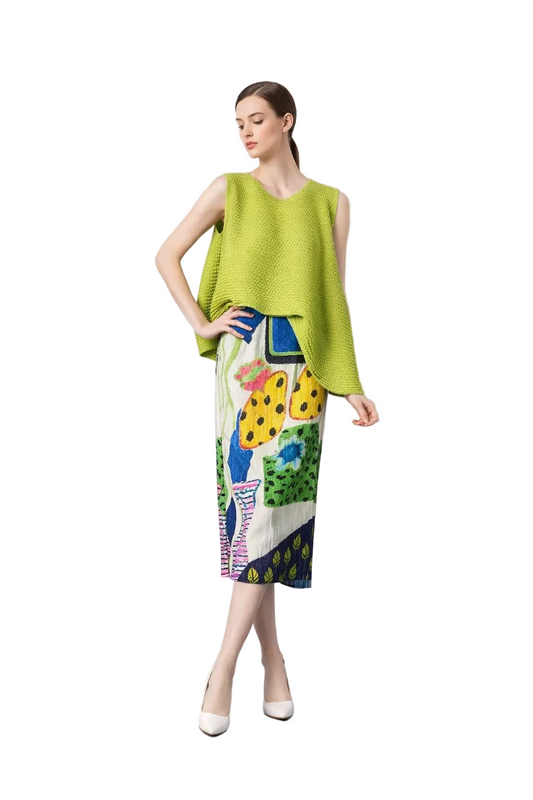 Green sleeveless textured top and printed midi skirt set