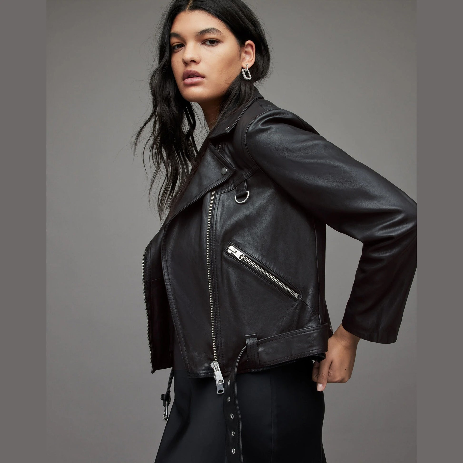 Black Biker Jacket with Belted Hem