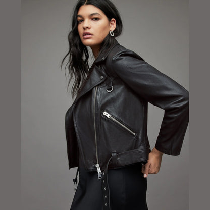 Black Biker Jacket with Belted Hem