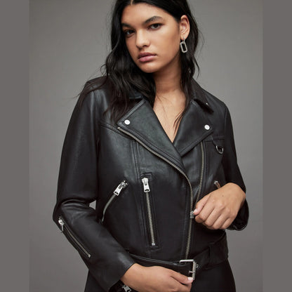Black Biker Jacket with Belted Hem
