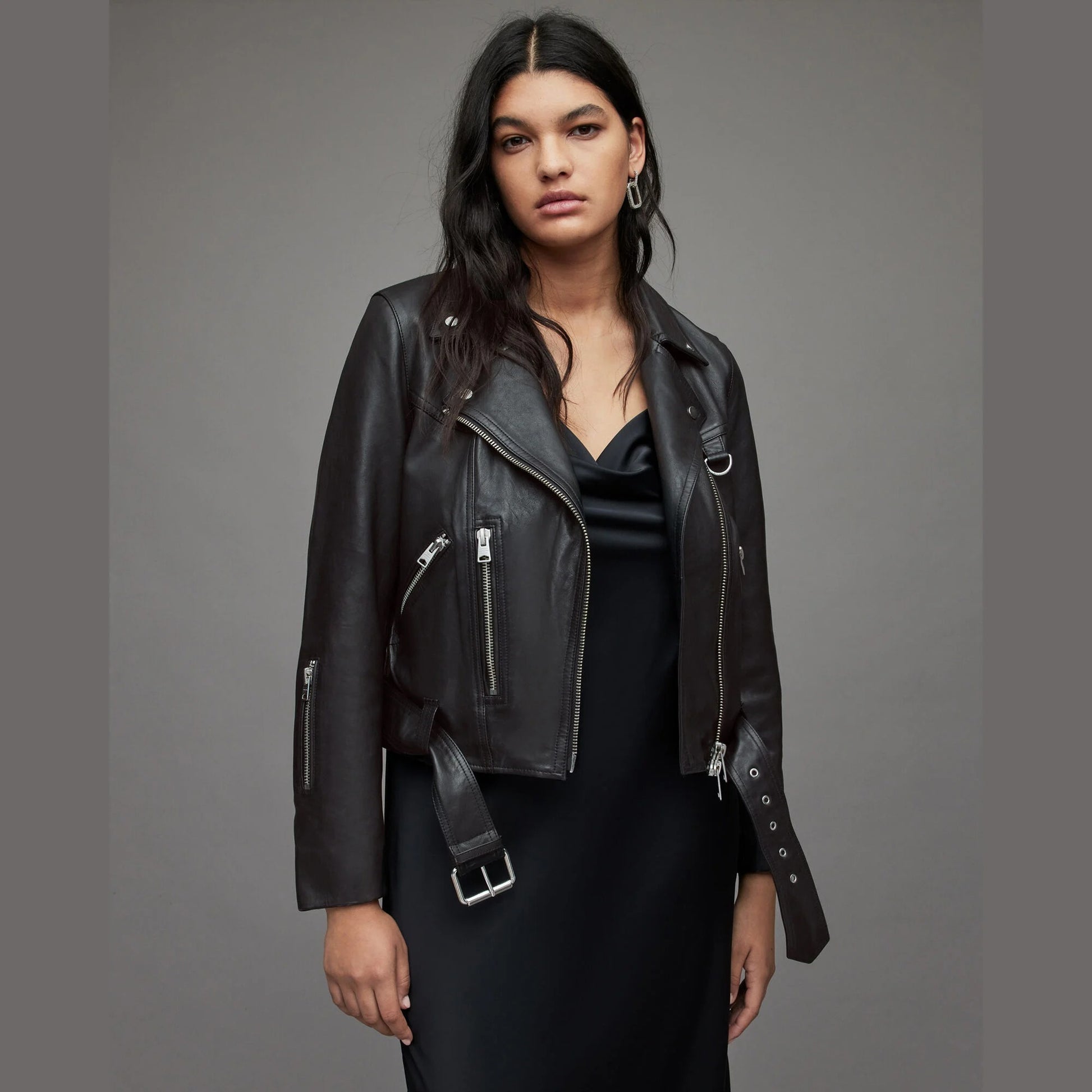 Black Biker Jacket with Belted Hem