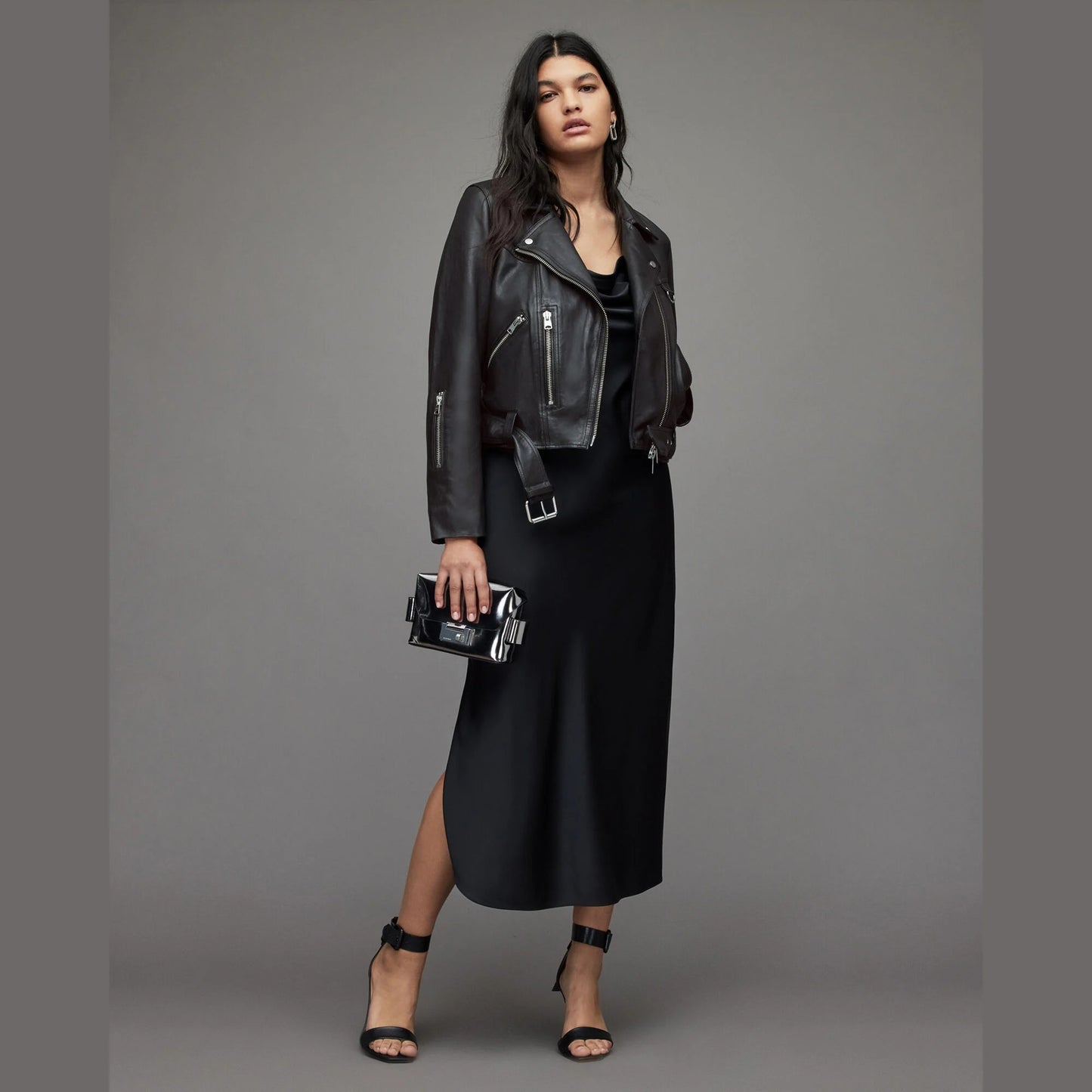 Black Biker Jacket with Belted Hem