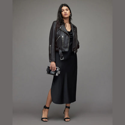 Black Biker Jacket with Belted Hem