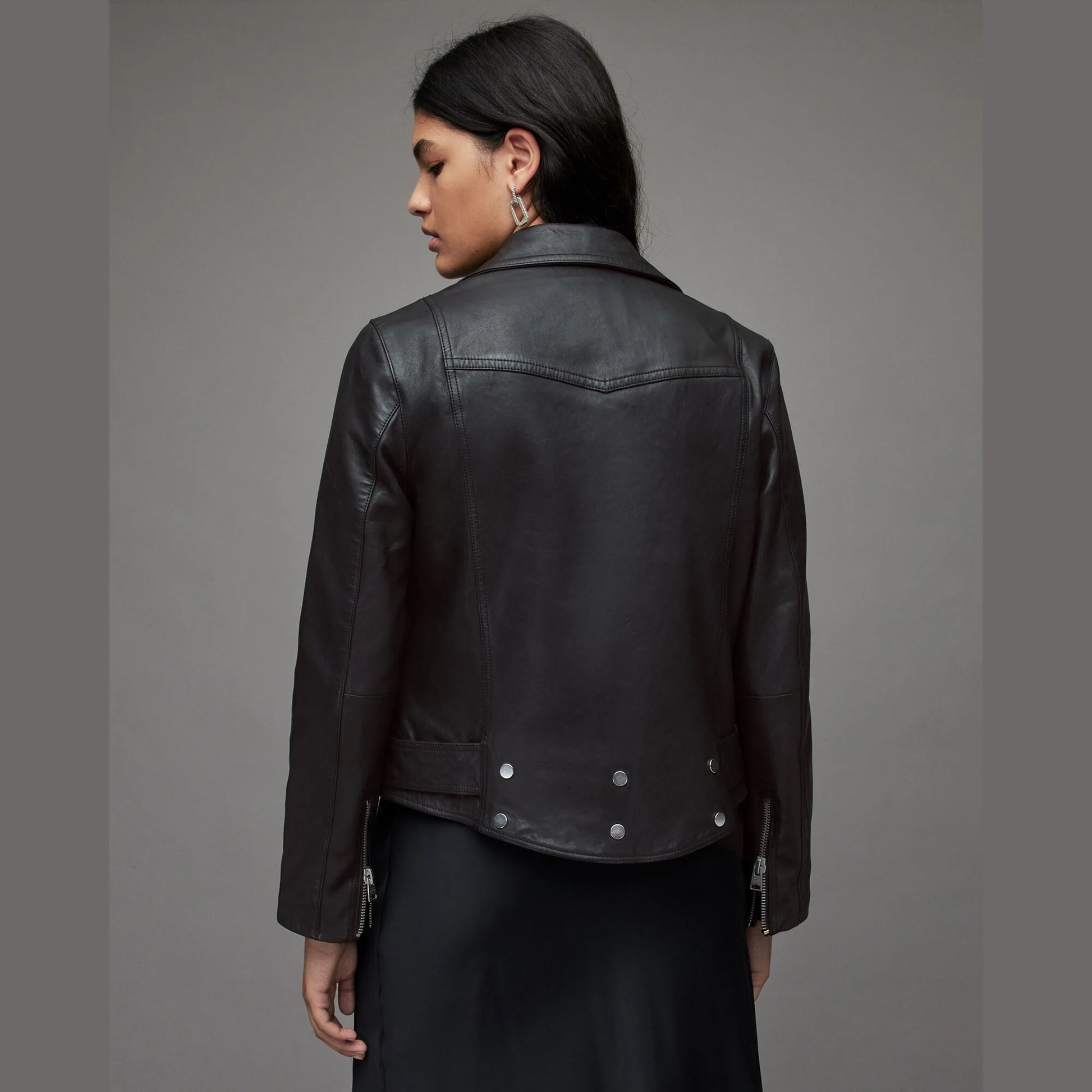 Black Biker Jacket with Belted Hem