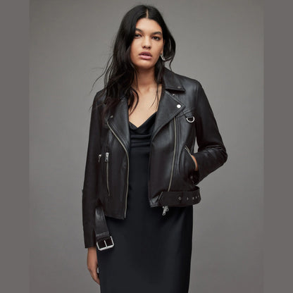 Black Biker Jacket with Belted Hem