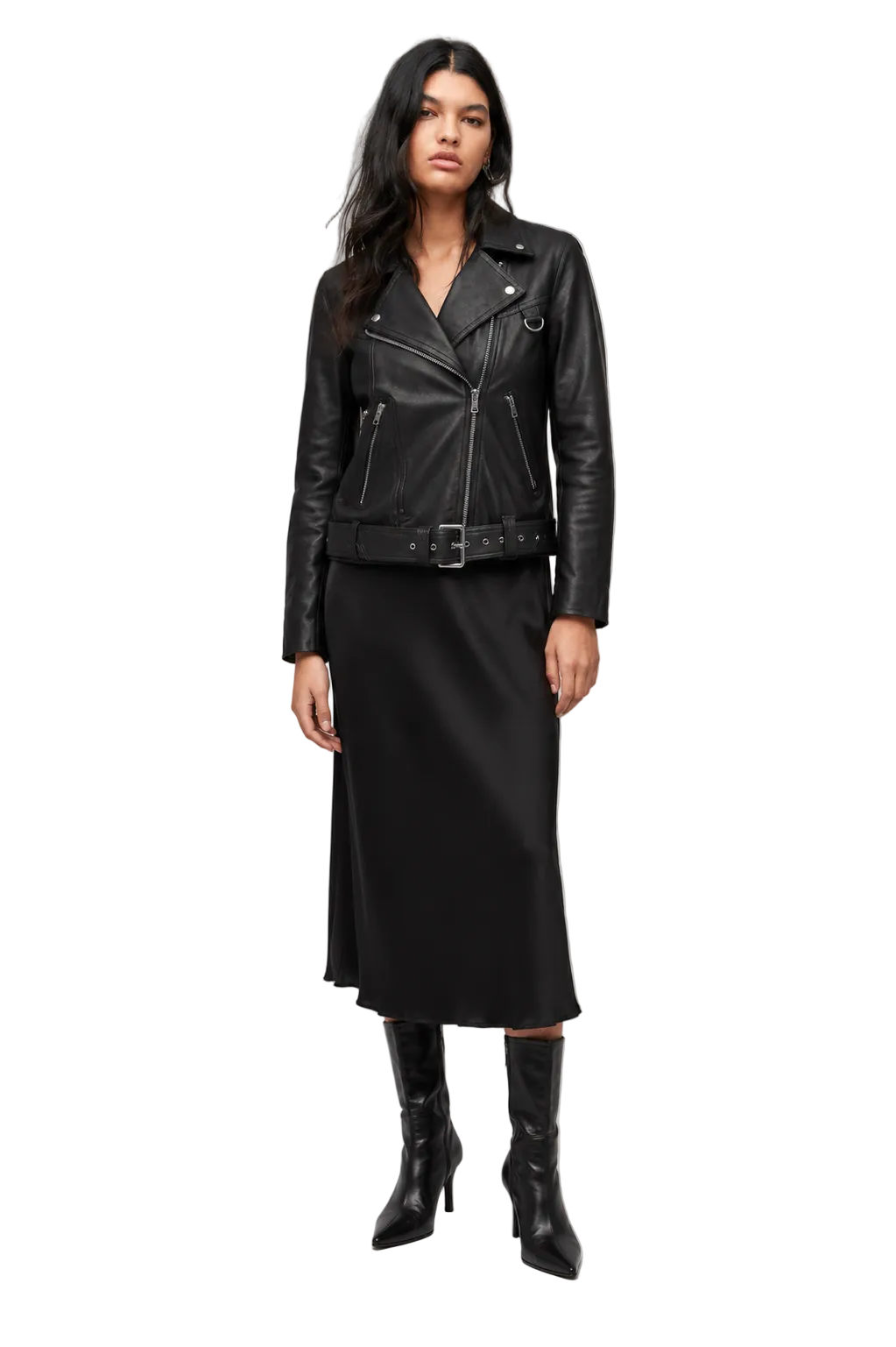 Black Biker Jacket with Belted Hem