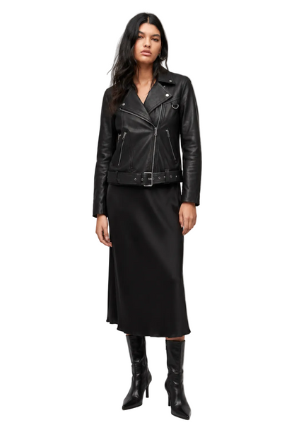 Black Biker Jacket with Belted Hem