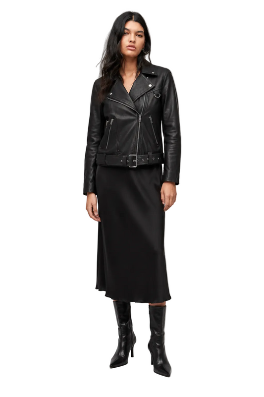 Black Biker Jacket with Belted Hem
