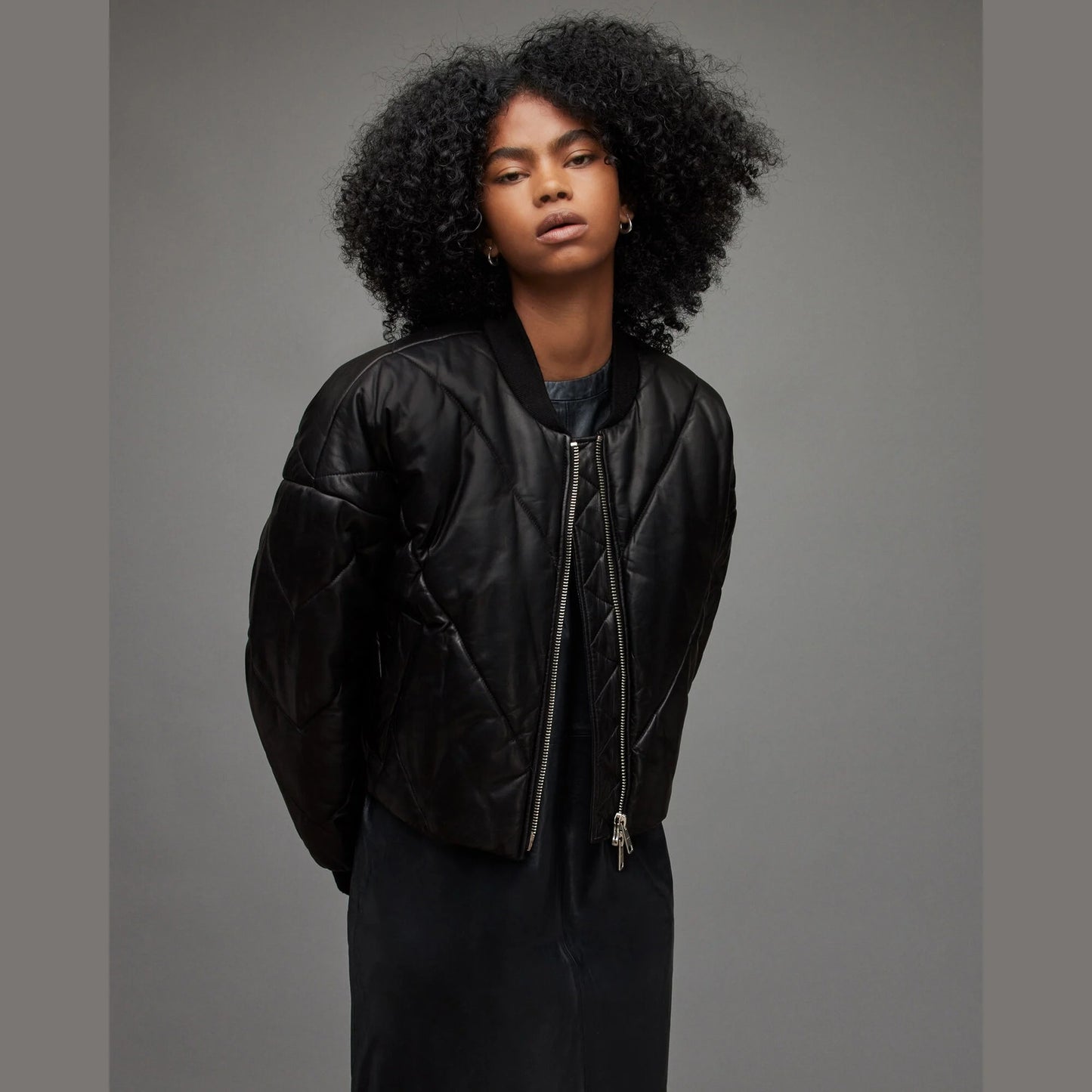Black Quilted Cropped Bomber Jacket