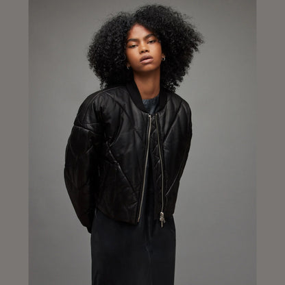 Black Quilted Cropped Bomber Jacket