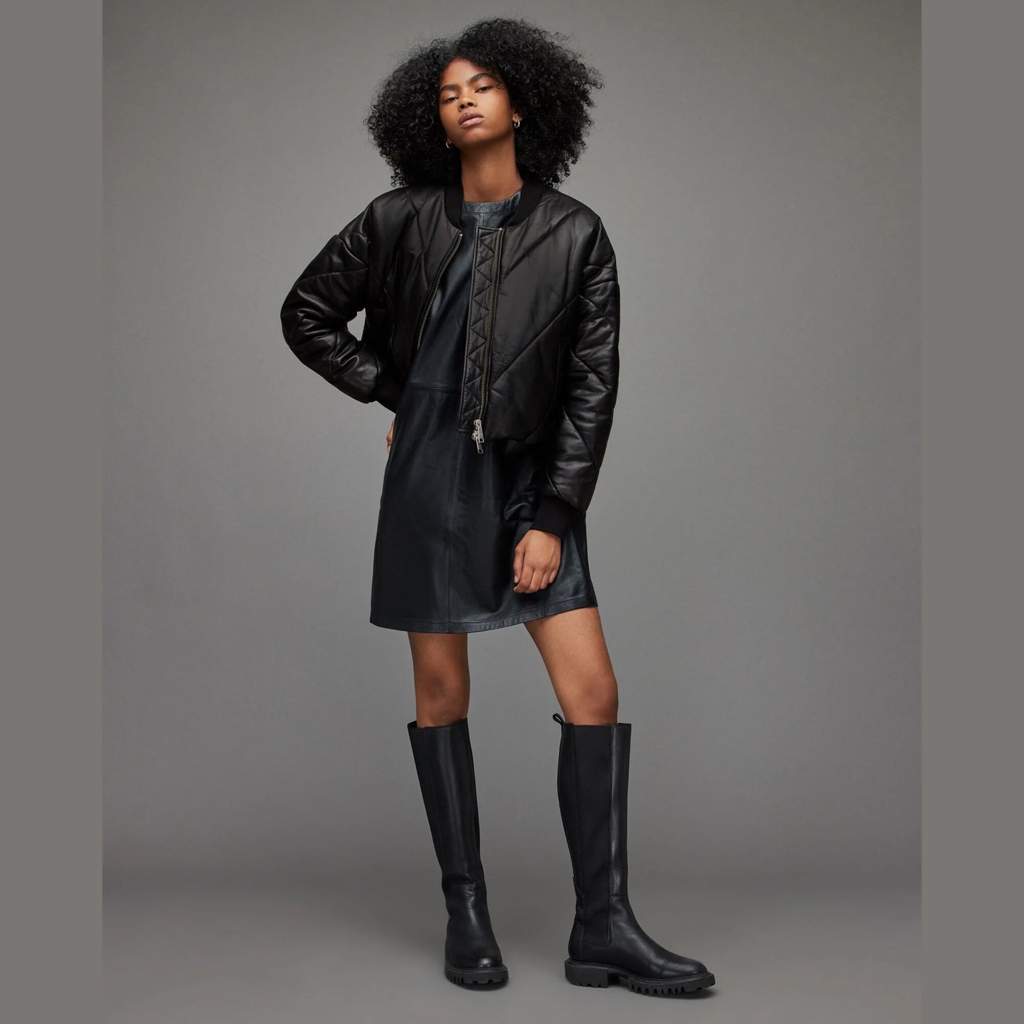 Black Quilted Cropped Bomber Jacket