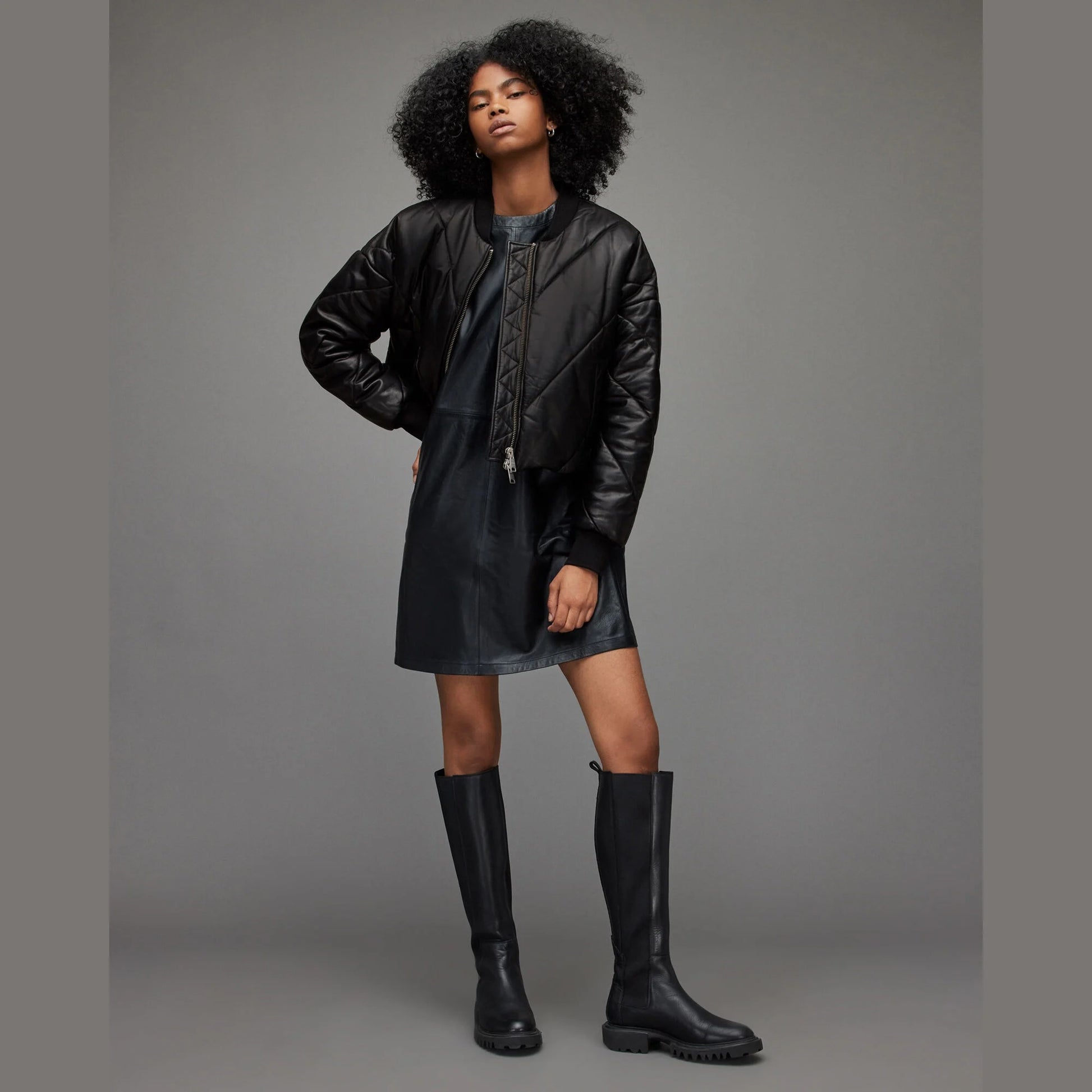 Black Quilted Cropped Bomber Jacket