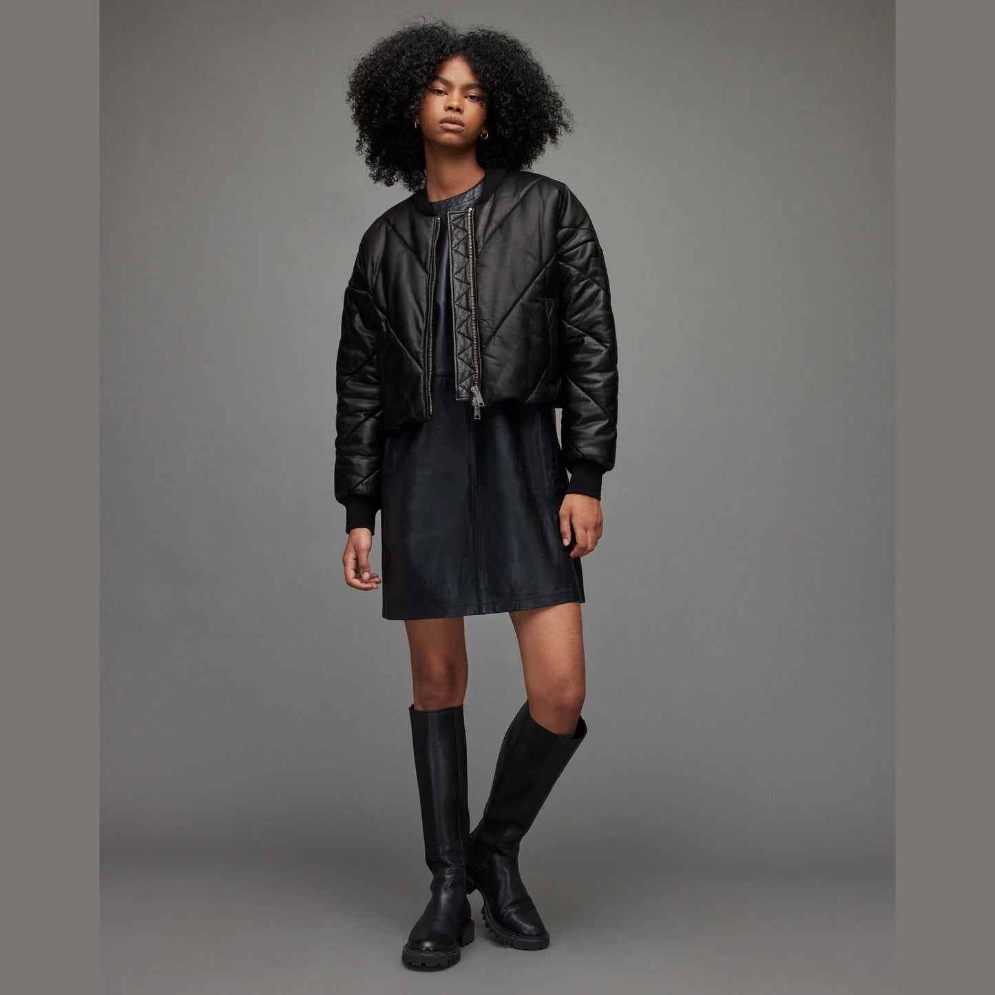Black Quilted Cropped Bomber Jacket