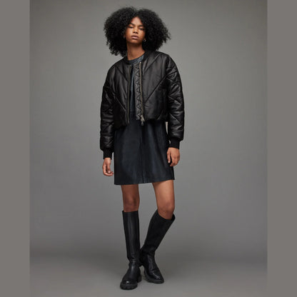 Black Quilted Cropped Bomber Jacket