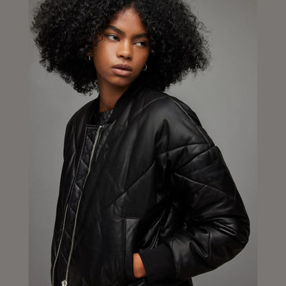 Black Quilted Cropped Bomber Jacket
