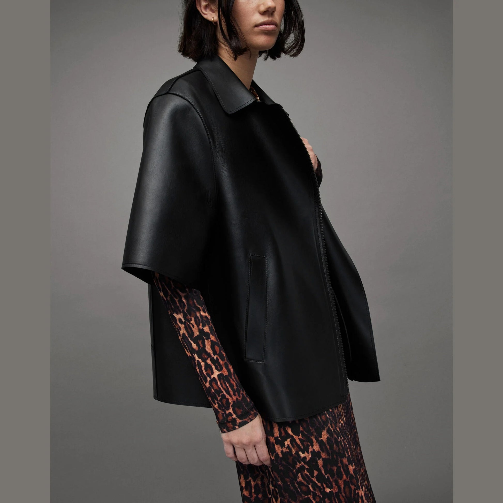 Black Zip-Front Jacket with Asymmetric Closure
