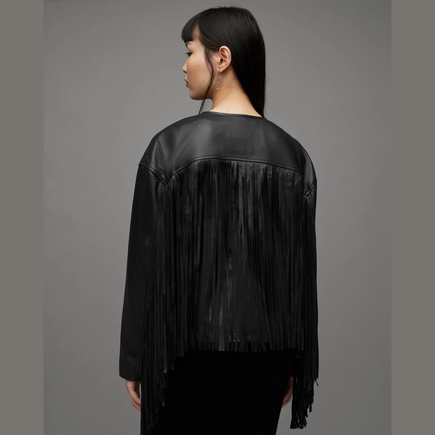 Black Zip-Front Jacket with Fringe Sleeves