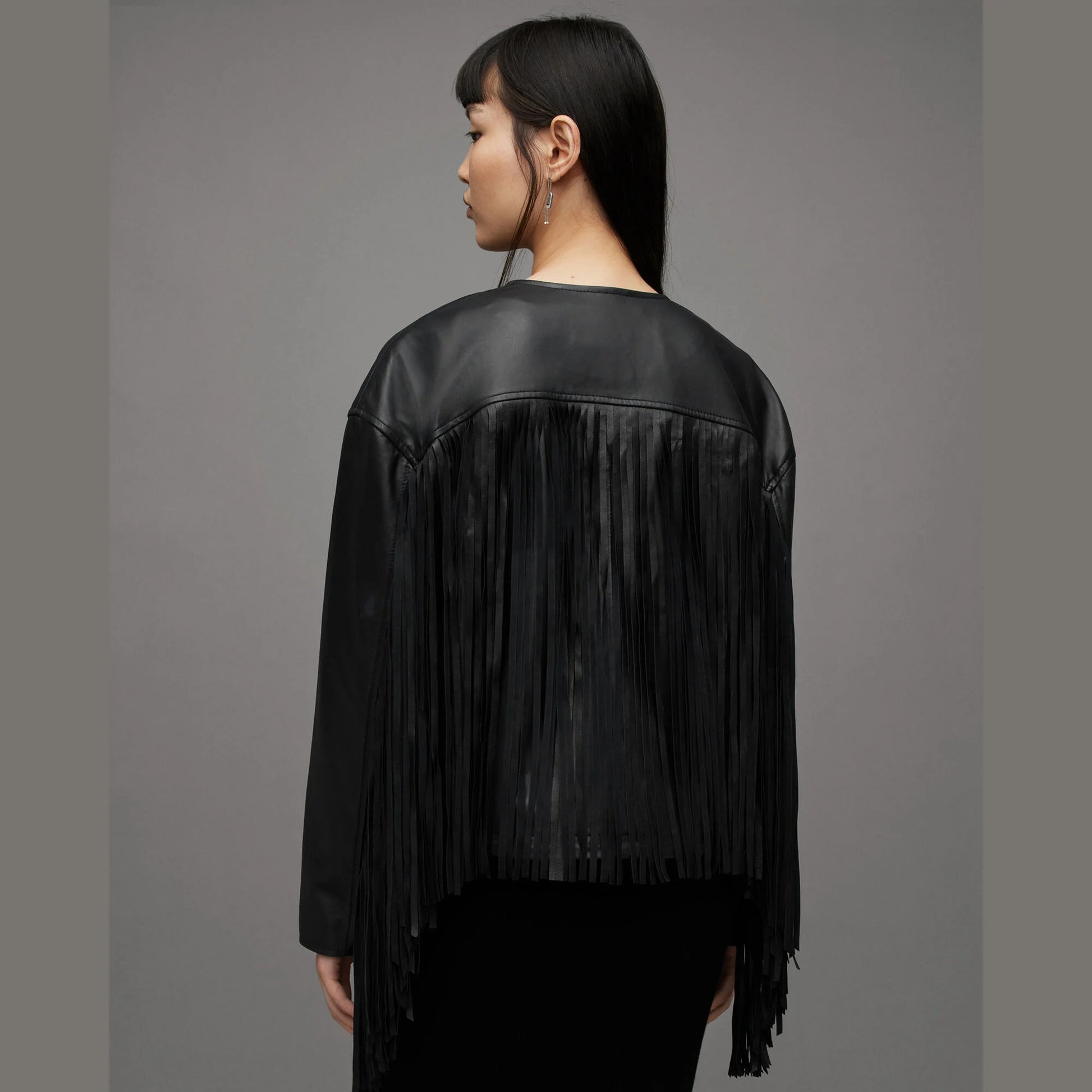 Black Zip-Front Jacket with Fringe Sleeves