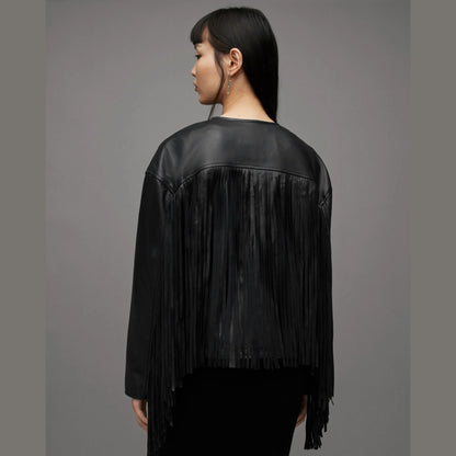 Black Zip-Front Jacket with Fringe Sleeves