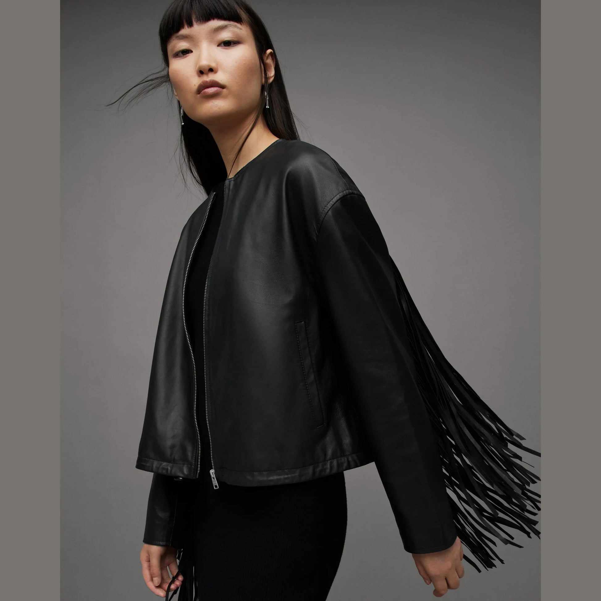 Black Zip-Front Jacket with Fringe Sleeves