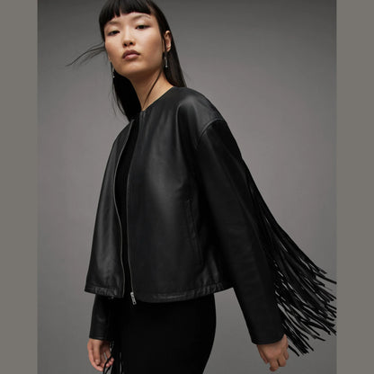 Black Zip-Front Jacket with Fringe Sleeves
