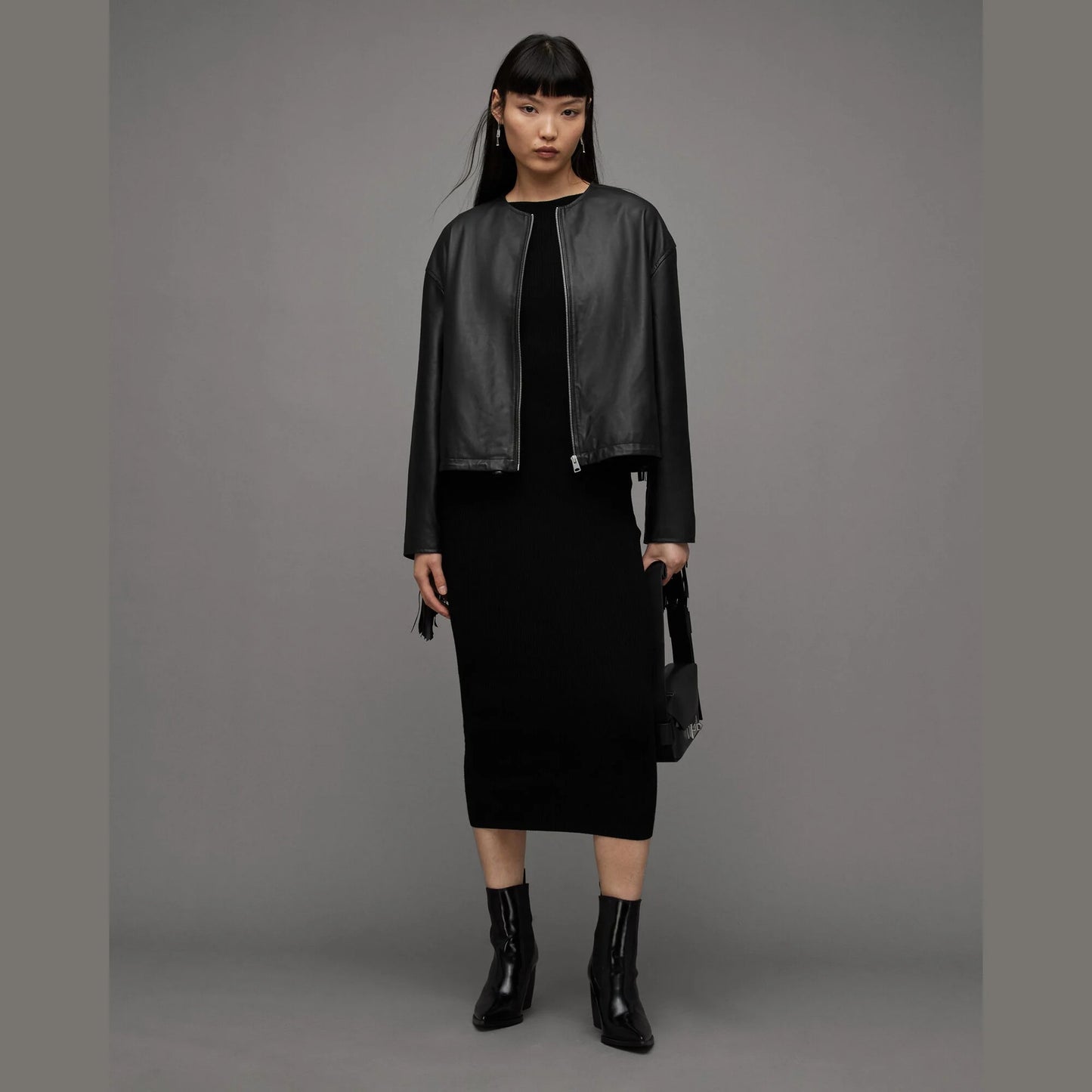 Black Zip-Front Jacket with Fringe Sleeves